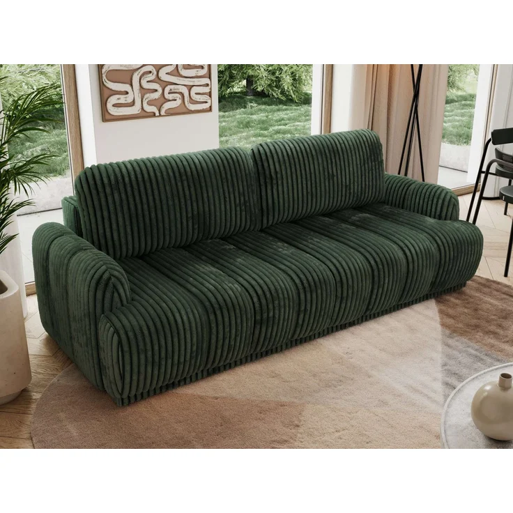 Schlafsofa ACCORDO 3-Sitzer mit Schlaffunktion, DL-Mechanismus, Wellenfederung & Massivholz, freistehend rundum bezogen - Grün Cordstoff – Bild 4