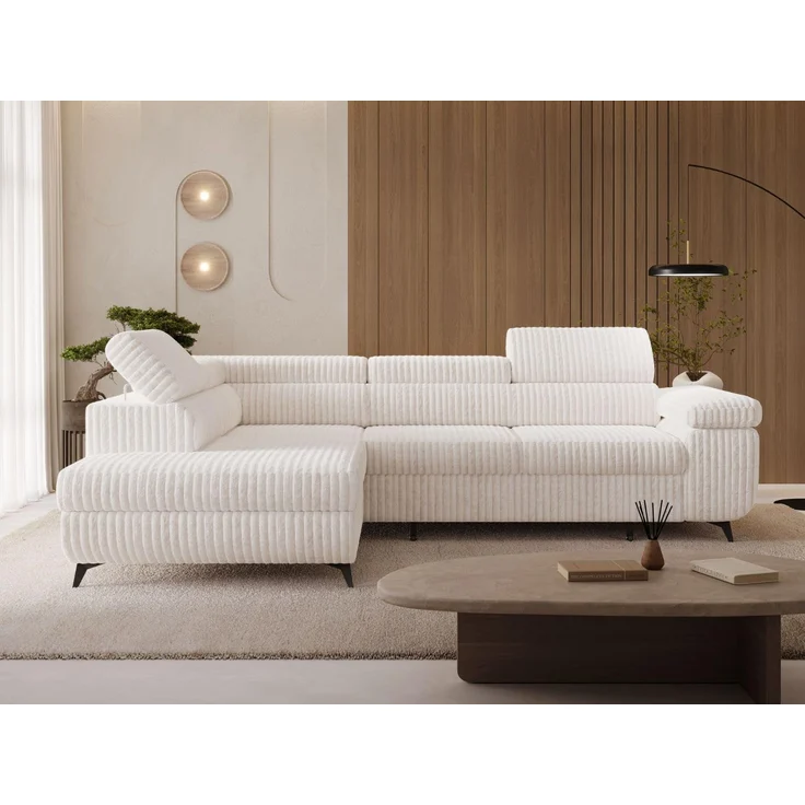GRAINGOLD Ecksofa ARGON mit Bettfunktion, Bettkasten, Einstellbaren Kopfstützen, Cord-Stoff, Creme, Links – Bild 1