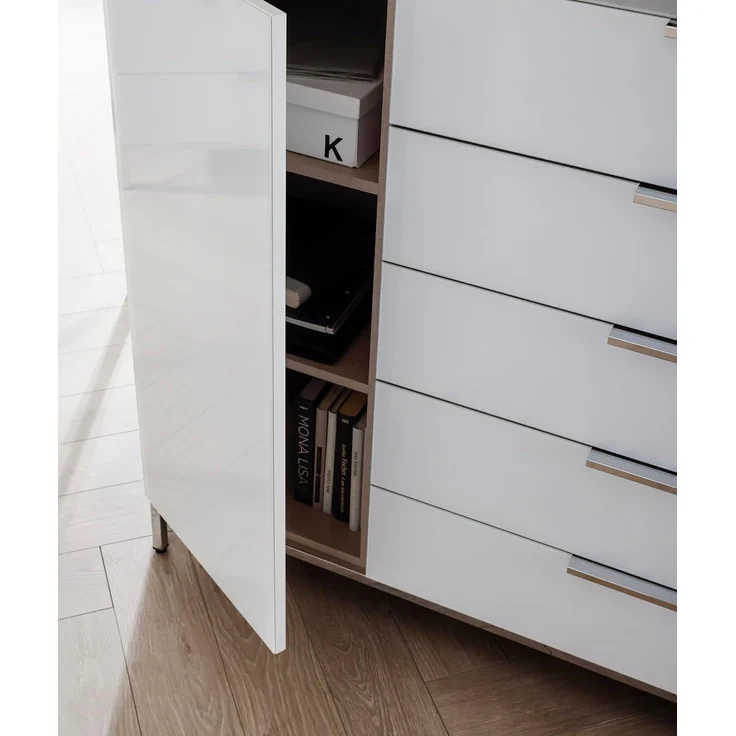 Rauch Möbel Flipp, Kombikommode, Kommode mit Stauraum für Wohnzimmer, Schlafzimmer, Flur, 4 Fachböden, Eiche Artisan/Glasfront Weiß, 3-türig, Glastüren, 5 Schubkästen, Griffe chrom, 199 x 100 x 42 cm – Bild 6