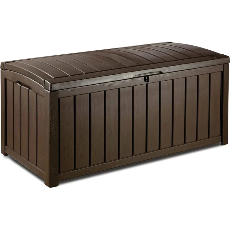 Keter Glenwood Kissenbox, Auflagenbox, 390 Liter Volumen, Wasserdicht, Braun, Holzoptik, Sitzbank für 2 Erwachsene,128 x 65 x 61 cm, Allzwecktruhe