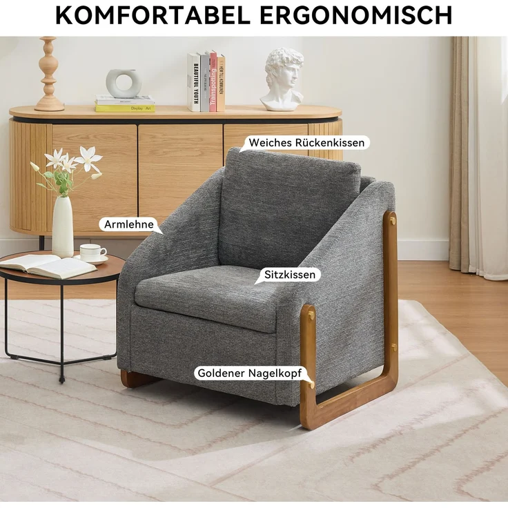 Chenille-Grau Loungesessel mit Holzarmlehnen, ergonomischem Design, kompakter Größe & hoher Belastbarkeit – Bild 5