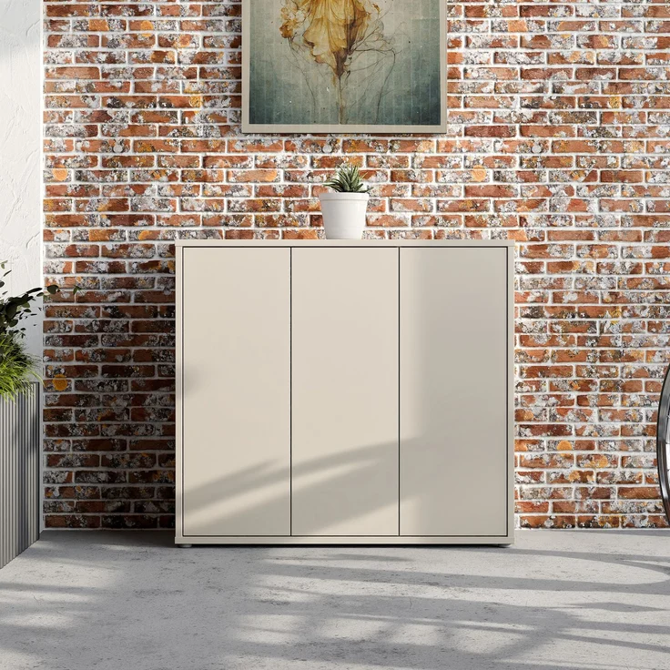 Forte ALICE SPRINGS Schuhschrank 100 110, moderner Flurschrank mit 3 Türen und 8 Einlegeböden, Holzwerkstoff, Kaschmir/ Beige, 109,2 cm breit x 99,1 cm hoch x 34,9 cm tief – Bild 1