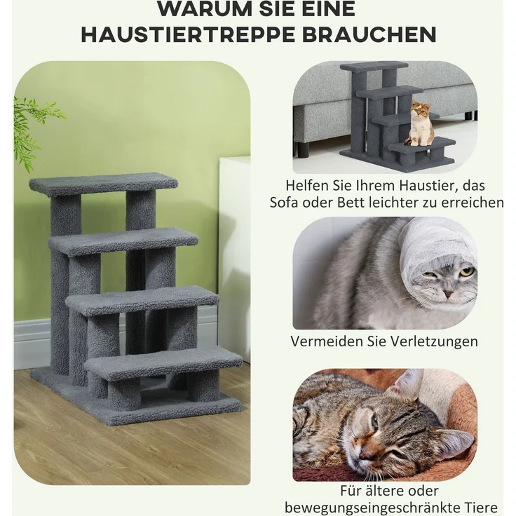 JARDJ Tiertreppe Katzentreppe Hundetreppe 4 Stufen Grau 63,5x43x60cm für Katzen und Hunde, ideal für Senioren & kleine Tiere – Bild 5