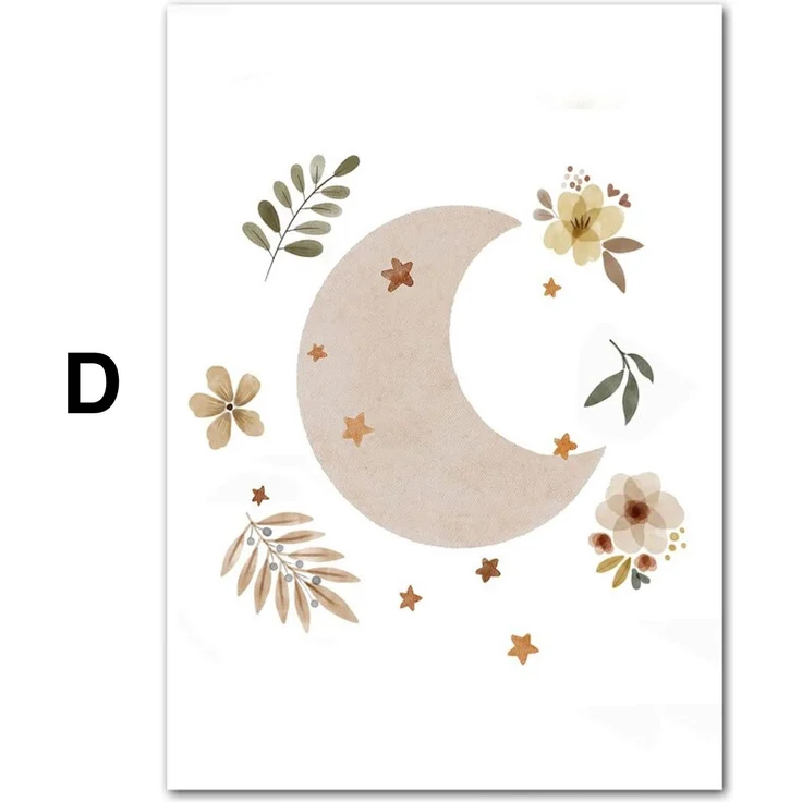 Poster Kinder süße Tiere im Boho Stil Nilpferd Elefant Löwe Regenbogen Sonne und Mond als Deko Print ohne Rahmen - D / 30X40cm