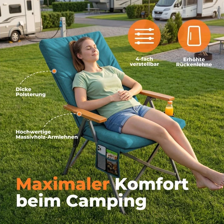 HOMECALL Campingstuhl Faltbar Hochlehner Luxus Klappstuhl mit 4,5cm Dicke Gepolstert (150kg Belastbar mit 4 Positionen Verstellbar Angelstuhl, 1 St), für Garten Balkon Wohnmobil – Bild 3