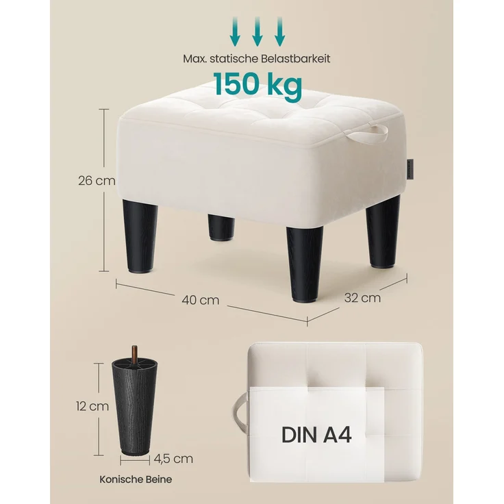 SONGMICS Sitzhocker, Fußhocker, Samt, Hocker, Dicke Polsterung, bis 150 kg belastbar, für Wohnzimmer Schlafzimmer Eingangsbereich, cappuccinobeige-tintenschwarz – Bild 3