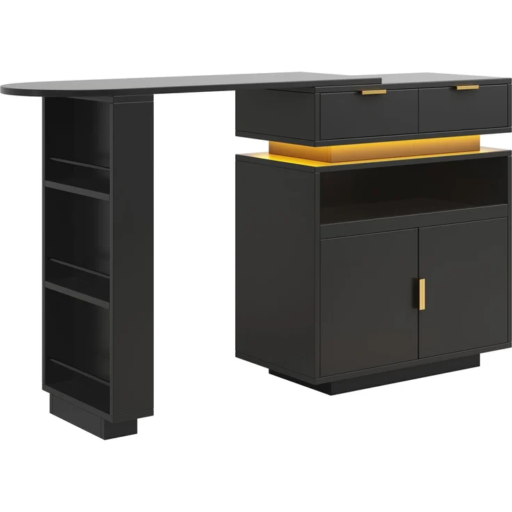 Merax Ausziehbarer Bartisch (115-183 × 40 × 99 cm), ausziehbare Kücheninsel, Bartisch mit Stauraum, LED‑Beleuchtung, 360° Drehfunktion, mobile Kaffeebar, geeignet für Küche und Esszimmer, Schwarz – Bild 9
