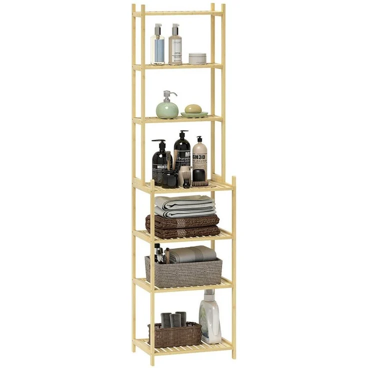 HOMCOM Badregal Badezimmerregal mit 7 Ebenen, Standregal, Aufbewahrungsregal aus Bambus 1-tlg, für Wohnzimmer, Badezimmer, Natur, 44 x 33 x 180 cm – Bild 5
