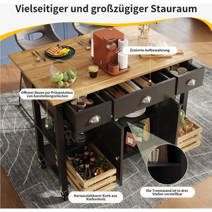 Kücheninsel 120 cm Schwarz & Natur, Küchenwagen mit klappbaren Seiten 73 cm, multifunktionaler mit Schublade und verstellbaren Ebenen – Bild 4