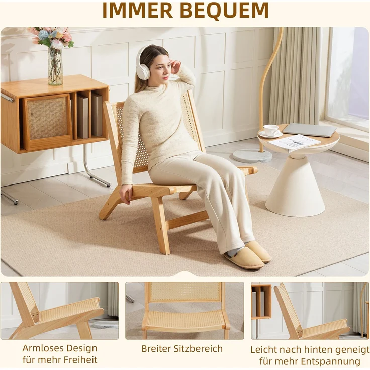 Rattanstuhl, Lesestuhl, Holzrahmen, breiterer Sitz, 64 x 70 x 74 cm, Naturholz--Naturholz--74x64x70cm--YOUDENOVA – Bild 8
