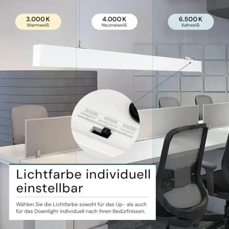 LUXULA LED Pendelleuchte 120 cm, 30W 3600lm, einstellbar 3000-6500K, Aluminium hängend, blendfrei UGR<19, ideal für Büro und Esszimmer – Bild 4