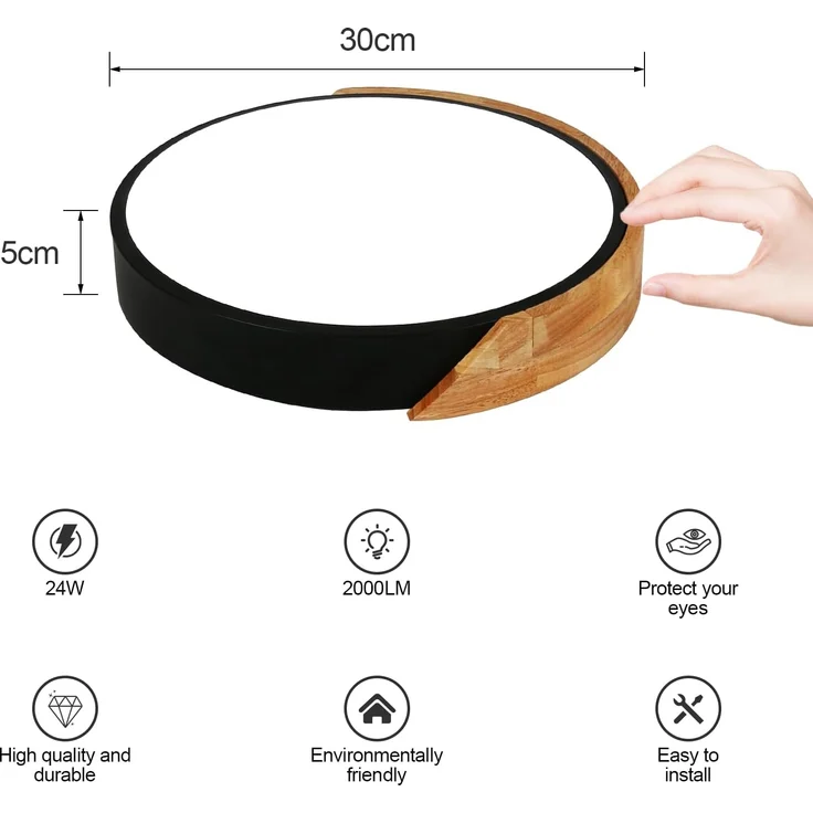 Goeco LED Deckenleuchte Runde LED-Deckenleuchte, 24W, 6000K, für Schlafzimmer, Küche, Kaltweiß, stabile LED-Lichtquelle, natürlicher Eichenschalen – Bild 3