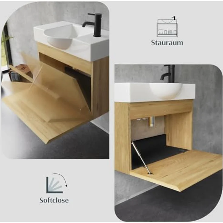 Alpenberger Badmöbel-Set Waschbecken mit Unterschrank 55 cm Breit, (Badezimmermöbel Waschtisch, Badschrank Schmal), Waschbeckenunterschrank mit Softclose – Bild 5