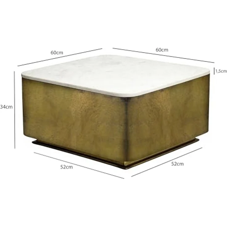 FINEBUY Couchtisch FB116592 Sofatisch Marmor Wohnzimmertisch 60cm Beistelltisch Handmade (Quadratischer Kubus in antiker Goldoptik), Massive Tischplatte aus edlem weißem Marmor – Bild 3