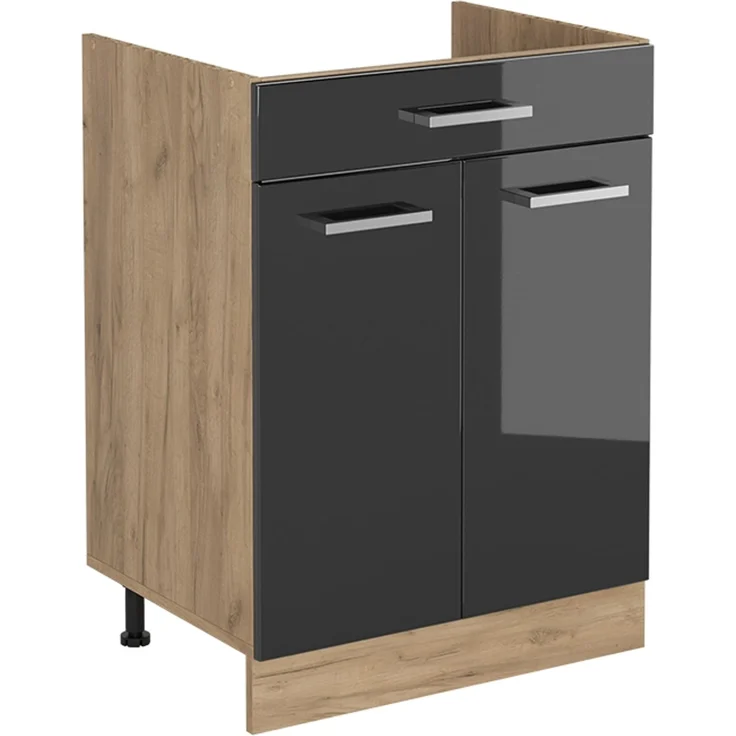 Küchenunterschrank R-Line Anthrazit Hochglanz/Goldkraft Eiche 60 cm mit Schublade ohne Arbeitsplatte Vicco – Bild 1