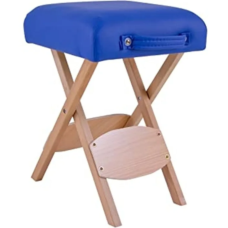 QUIRUMED Klapphocker aus Holz mit Sitz, blau gepolstert, vielseitig einsetzbar, Beistelltisch, Fußstütze, Kunstleder, transportabel, bis 100 kg, 33 x 33 x 48