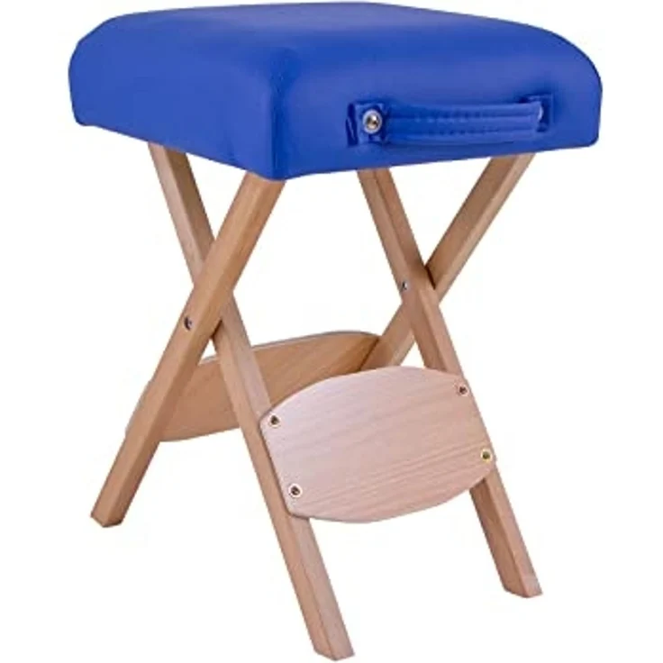 QUIRUMED Klapphocker aus Holz mit Sitz, blau gepolstert, vielseitig einsetzbar, Beistelltisch, Fußstütze, Kunstleder, transportabel, bis 100 kg, 33 x 33 x 48 – Bild 1