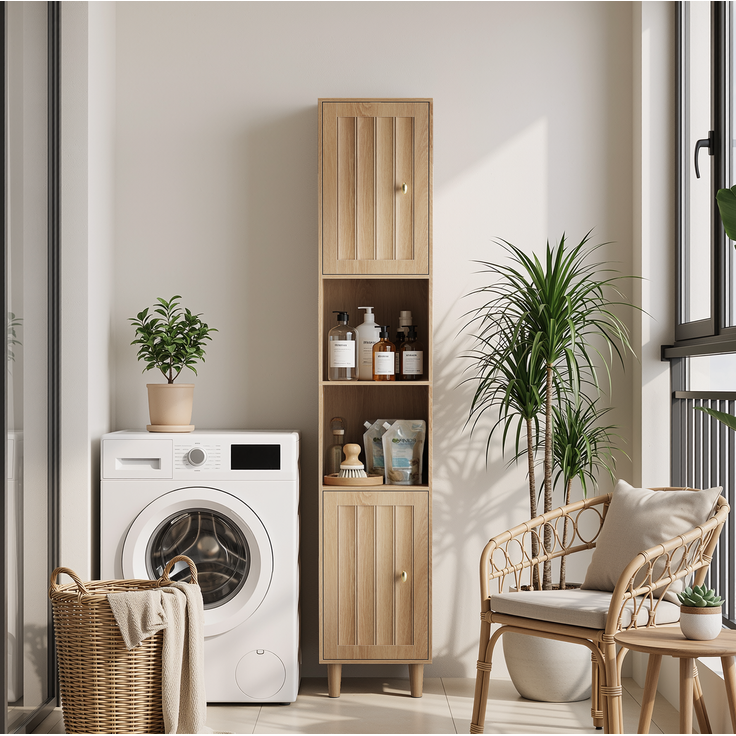 Badezimmer-Hochschrank 32 x 30 x 169 cm in Eichenoptik mit offenen Regalen und Doppeltür – Bild 2