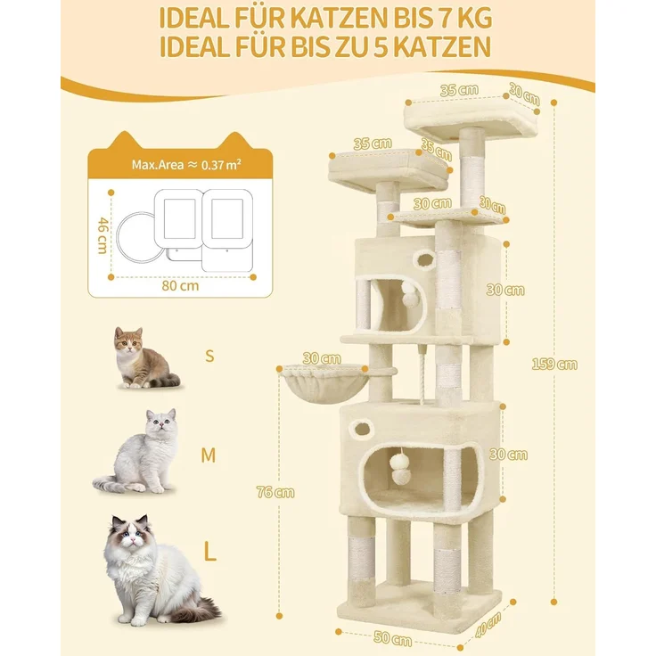 Kratzbaum, 159 cm Katzenbaum mit 8 Kratzsäulen, 3 Plattformen, 2 Höhlen, Korb, Plüschbälle, Sisalseil, Geeignet für Katzen Verschiedener Größen, Beige – Bild 8