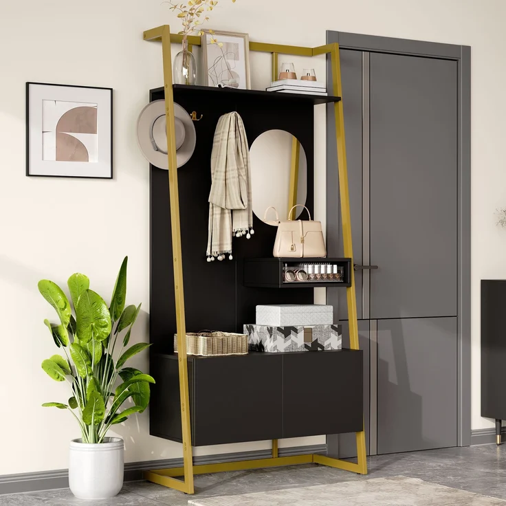 Garderobe MDF mit Spiegel, Haken & Schuhschrank, 78x38,5x180,5 cm, Schwarz – Bild 2
