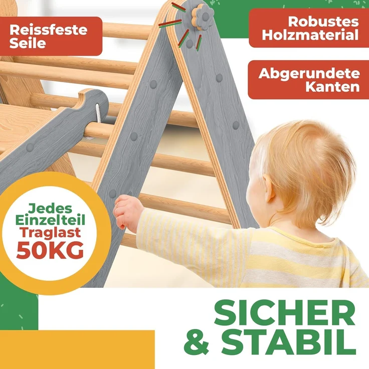 KIDIZ® Klettergerüst Montessori 7in1 Spiel-Set mit Kletterbogen Rutsche Kletterdreieck aus Holz inklusive Kissen, Tafel & Lern-Uhr | Indoor Spielplatz für Kleinkinder ab 1 Jahr & Kinder bis 3 Jahre Grau / Hellbraun – Bild 7
