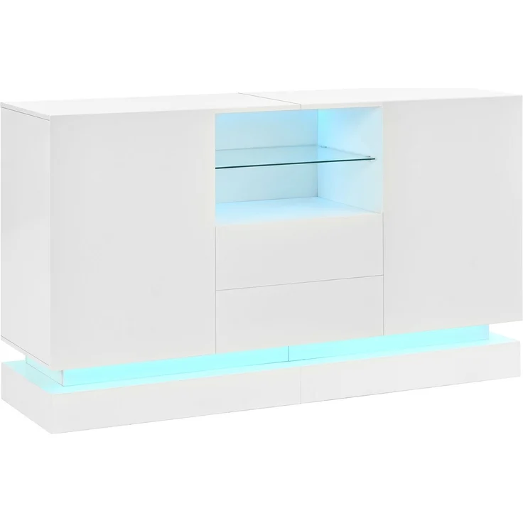 ZUBALIYA Sideboard 140x40x80 cm, mit LED-Beleuchtung, Hochglanz, mit 2 Türen, aus Spanplatte, Weiß – Bild 24