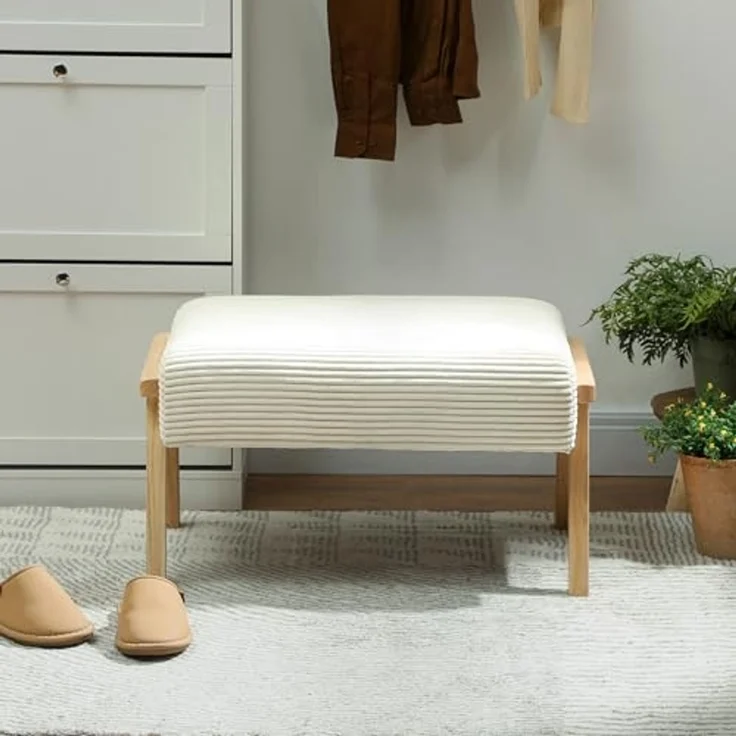 HOMCOM Fußhocker mit weichem Sitzkissen, Holzbeinen, Cordoptik (Polsterhocker, 1 St, Sitzhocker), für Schlafzimmer, Wohnzimmer, Cremeweiß – Bild 7