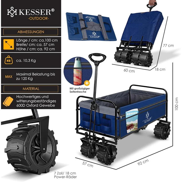 KESSER® Bollerwagen faltbar mit Breite Reifen Handwagen Transportkarre Gerätewagen | inkl. 2 Netztaschen | klappbar | Kunststoff-Reifen | bis 150 kg Tragkraft transportwagen Gartenanhänger Blau/Grau – Bild 7
