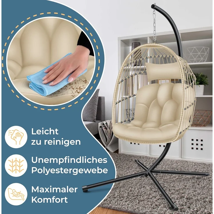 KESSER® Hängesessel Jungle mit Gestell Stahl Hängekorb Sessel Inkl. Großen Kissen + Decken Halterung - Hängeschaukel Hängesitz Indoor - Outdoor Schaukel Hängestuhl für Kinder und Erwachsene Beige – Bild 4