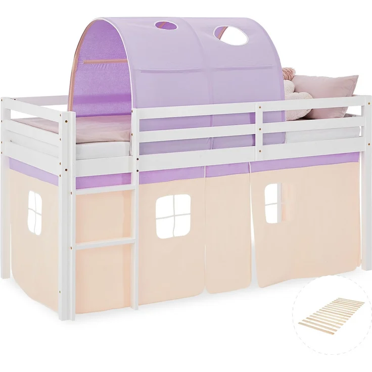 Hochbett Kinder 90x200 cm mit Lattenrost Kinderbett Kinderhochbett Stockbett Tunnel Vorhang Lila Peach Holz Massiv – Bild 1