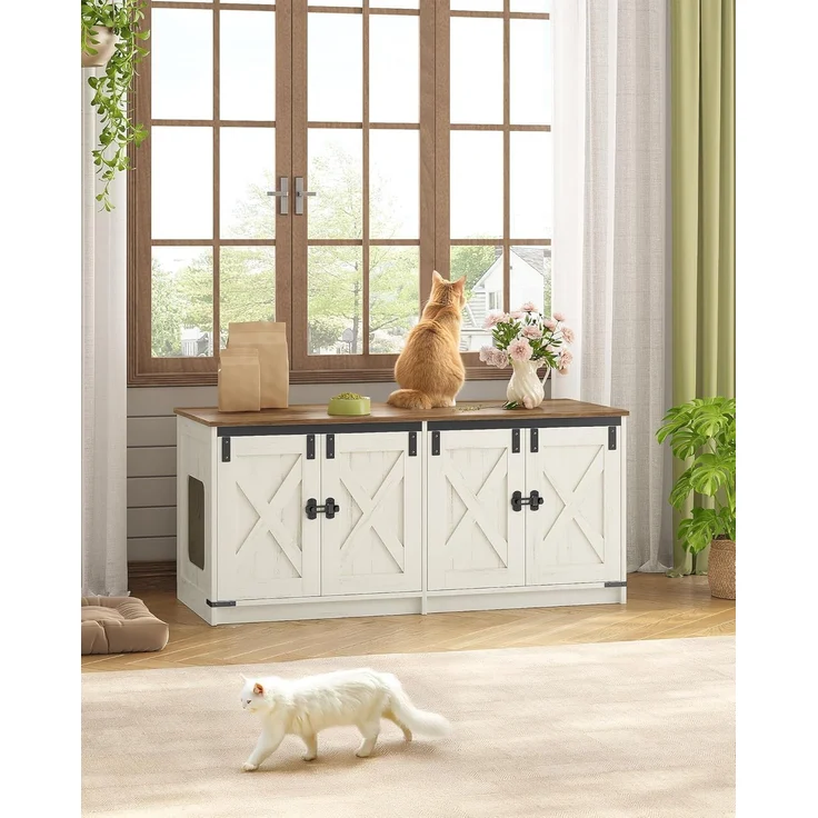 Katzenschrank, Katzenklo Schrank für 2 Katzen, Versteckter Katzentoilettenschrank, Katzenhaus für den Innenbereich, Bauernhausstil, 119 x 48 x 53,5 cm, Braun und Weiß – Bild 7