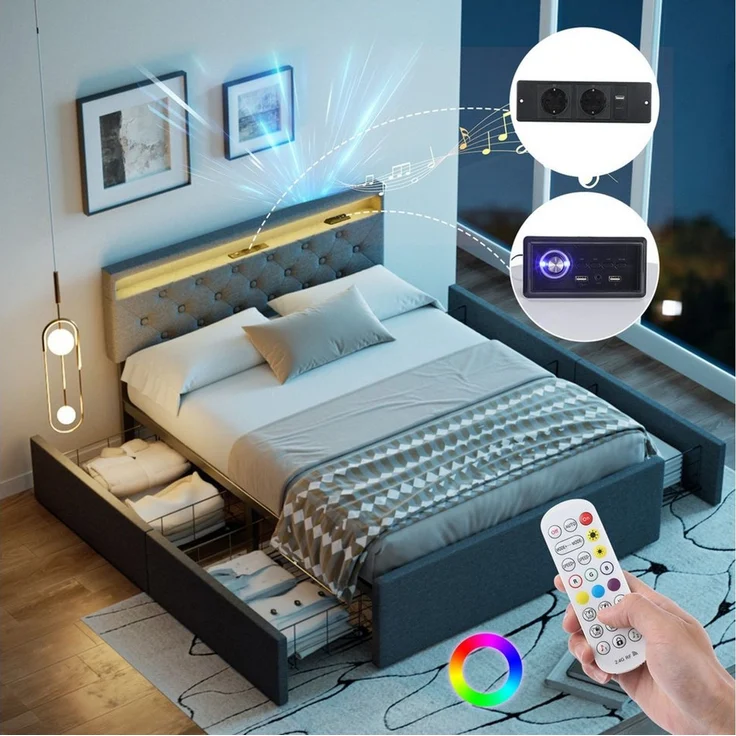 oyajia Polsterbett LED Doppelbett 140x200cm, Stauraumbett mit Kopfteil und 4 Schubladen (Leinenmaterial Polsterbett mit RGB Beleuchtung), mit Lattenrost und Ladefunktion, mit Komforthöhe, Leises Design Bett – Bild 2
