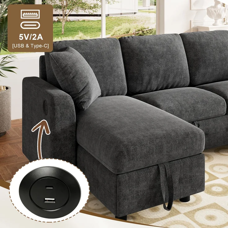 Merax U-Form Chenille Sofa mit Schlaffunktion, Schlafsofa mit 2 Stauraum-Chaiselongues, ausziehbares Schlafsofa mit 1× USB & 1× Type-C Ladeanschluss, mit 2 Kissen, Grau, 260×128×82 cm – Bild 6