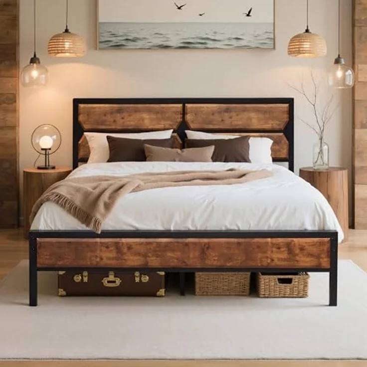 VECELO Bettgestell 140x200 cm, Metallbett mit Dick Holzkopfteil und Lattenrost, Doppelbett mit Stauraum unter dem Bett, perfekt für Schlafzimmer,Vintage Braun – Bild 1
