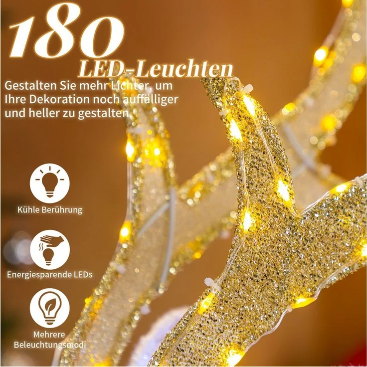 LALAHO Weihnachtsfigur LED Rentier mit Schlitten Weihnachtsbeleuchtung, mit 180 LEDs, Rentier Weihnachten Deko für Außen und Innen – Bild 3