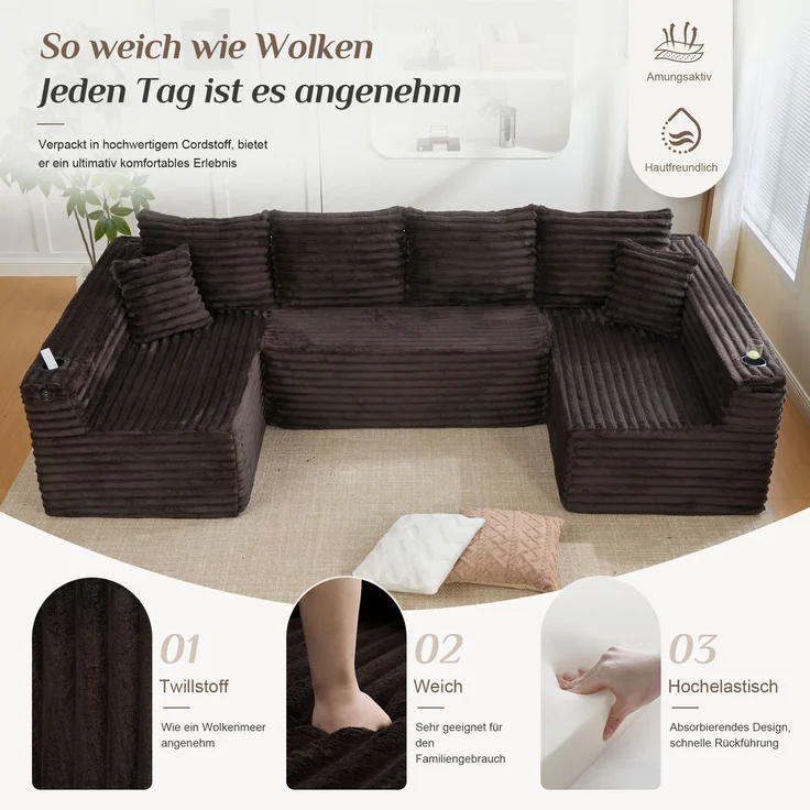 ZUBALIYA Wohnlandschaft 155x88 cm, mit Samtbezug, mit Cordbezug, mit breiten Armlehnen, mit Schaumstoffpolsterung – Bild 7