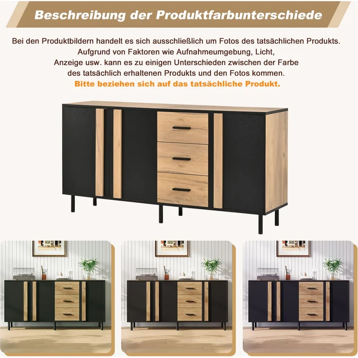 DESVIAE Sideboard Schwarz/Holzoptik aus MDF – 140x70x35 cm – 3 Türen, 3 Schubladen – Bild 6