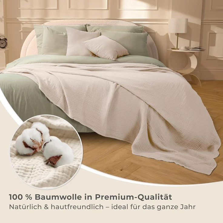 LAYNENBURG Premium Musselin Tagesdecke 220x240 cm XXL - 100% Baumwolle - extraweiche Baumwolldecke als Kuscheldecke, Bett-Überwurf, Sofa-Überwurf, Couch-Überwurf - warme Sofa-Decke (Beige) – Bild 4