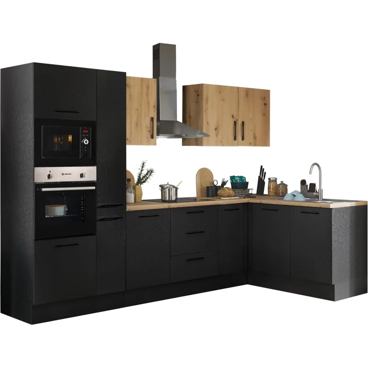 Turin LBM Eckküche 300 x 211 x 60 cm, schwarz - Ohne Küchengeräte - Moderne, geräumige Küche in Artisan-Eiche Optik mit viel Stauraum – Bild 1