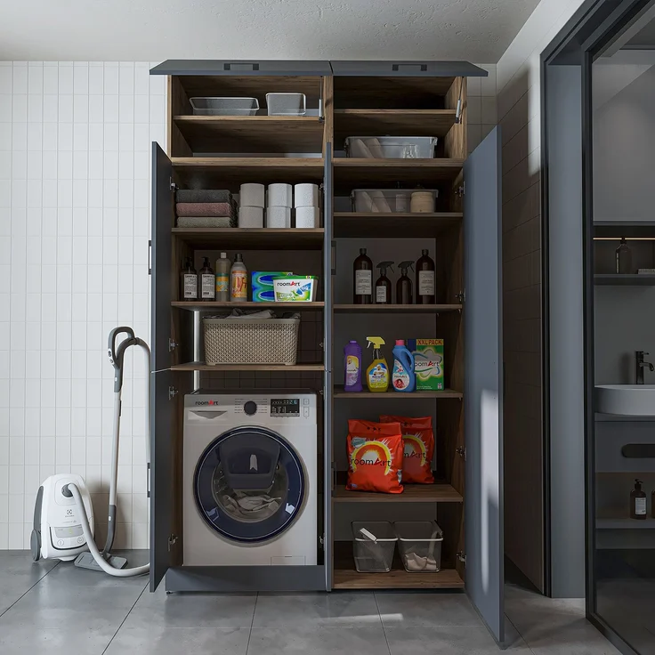 Roomart Waschmaschinenschrank- DORA-II- 130 cm breit – Waschmaschinen- & Trockner-Überbau mit Türen und Ausziehplatte, Bad & Waschküche • Anthrazit-Eiche – Bild 8