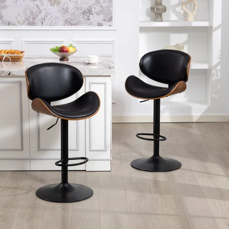 LVHOM Barhocker 2er Set, Höhenverstellbarer Barstuhl mit Bugholz-Rückenlehne und Fußstütze, drehbare Küchenhocker, gepolsterter Tresenhocker aus PU-Leder, Schwarz – Bild 7