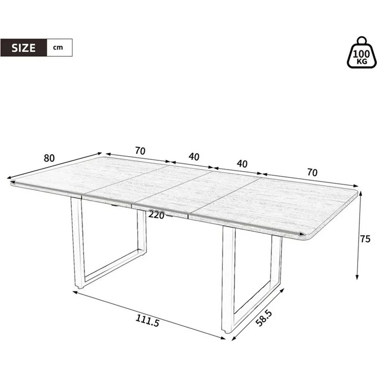 Celya Esstisch Ausziehbarer Tisch mit 3 Längen, 140/180/220*80 cm (rechte Form, Metallbeine,einfacher Stil für 6-10 Personen) – Bild 2