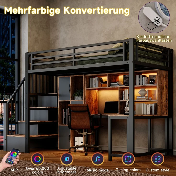 Hochbett, 90x200 cm, Metallbettgestell, Leiterschrank, Ablagefach, LED-Lichtleiste, Ohne Matratze, schwarz – Bild 7