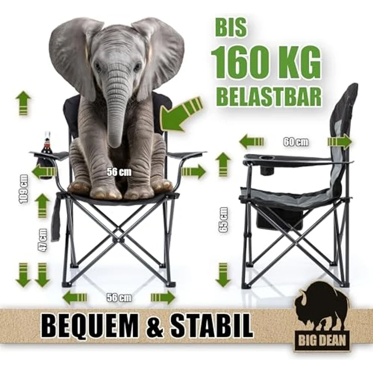 BigDean Campingstuhl Luxus Campingstuhl Faltbar 160 KG Belastbar Ultragroß mit Hochlehner (Packung, 1 St), Outdoor-Komfort mit höchstem Niveau – Bild 2