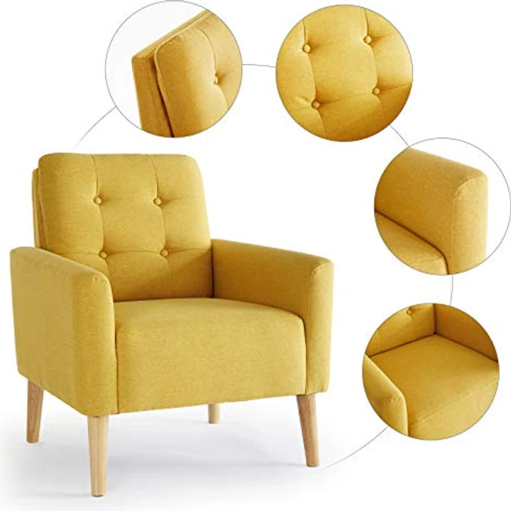 Mondeer Sessel, Sessel ​mit Armlehnen Massivholzbeine Modern Einfach für Schlafzimmer Wohnzimmer Balkon Büro, D72 x W72 x H81 cm, Gelb – Bild 6