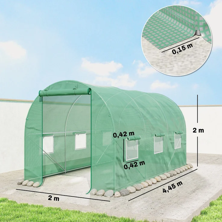 Wohnora-Tunnelgewächshaus 4,5 m L x 2 m B x 2 m H, Rohrrahmen, verstärkter, verzinkter Stahl, 1,8 cm dick, 6 Fenster, 1 Tür,H 2000cm x T 1550cm x B 2000cm,Grün – Bild 4