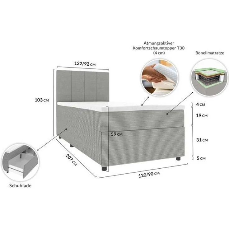 99rooms Kira Mini Boxspringbett Cordstoff POSO Greige 120x200 cm – Bild 4