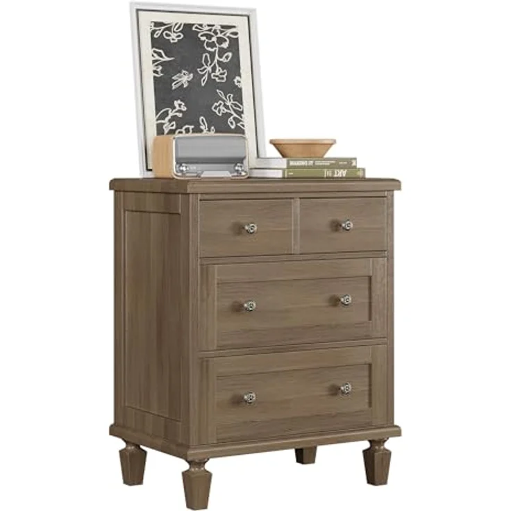IDEALHOUSE Vintage Kommode mit 4 Schubladen, Holz-Schubladenschrank mit 2 kleinen & 2 großen Schubladen, Geschnitzte Griffe & konische Beine, Hellbraun – Bild 6