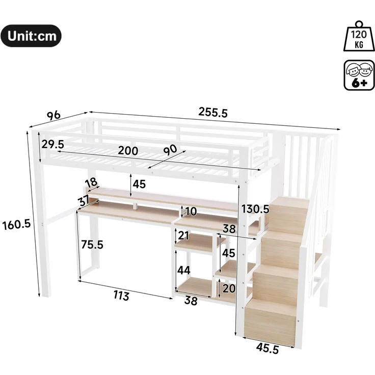 EINHOM Hochbett, 90 x 200 cm, Metallbettgestell, Leiterschrank, Ablagefach, USB + Typ-C, LED-Lichtleiste, Weiß (Ohne Matratze) – Bild 2