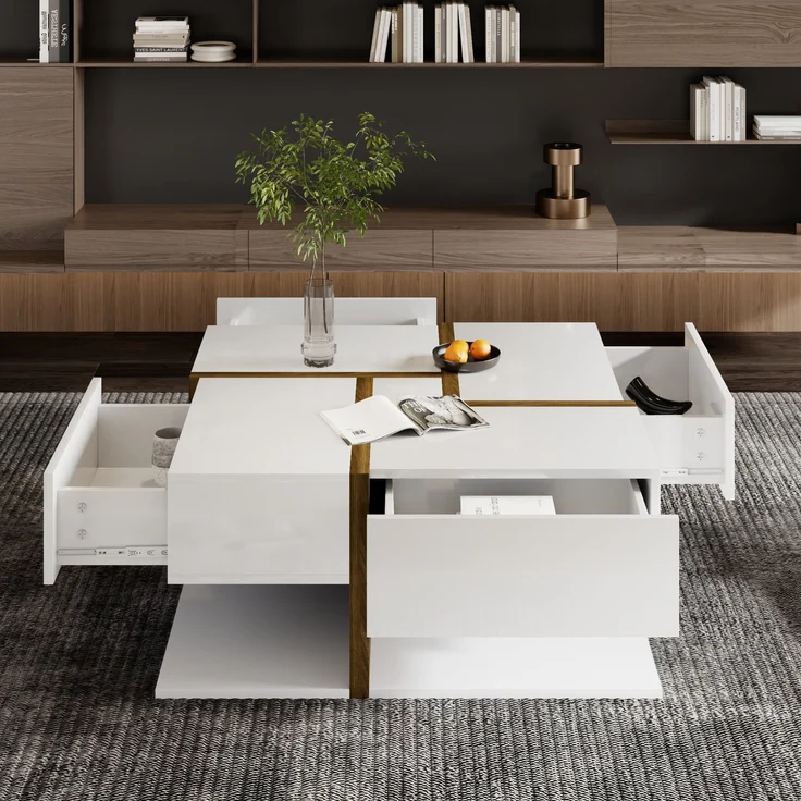 Merax Hochglanz-Couchtisch, Tisch mit 4 Schubladen, einzigartige Farbabstimmung und Liniendesign, Stauraum unten. 78*78*34,8cm, Weiß und Holzfarbe – Bild 2